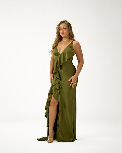 KINGSTON MAXI RUFFLES DRESS - OLIVE GREEN