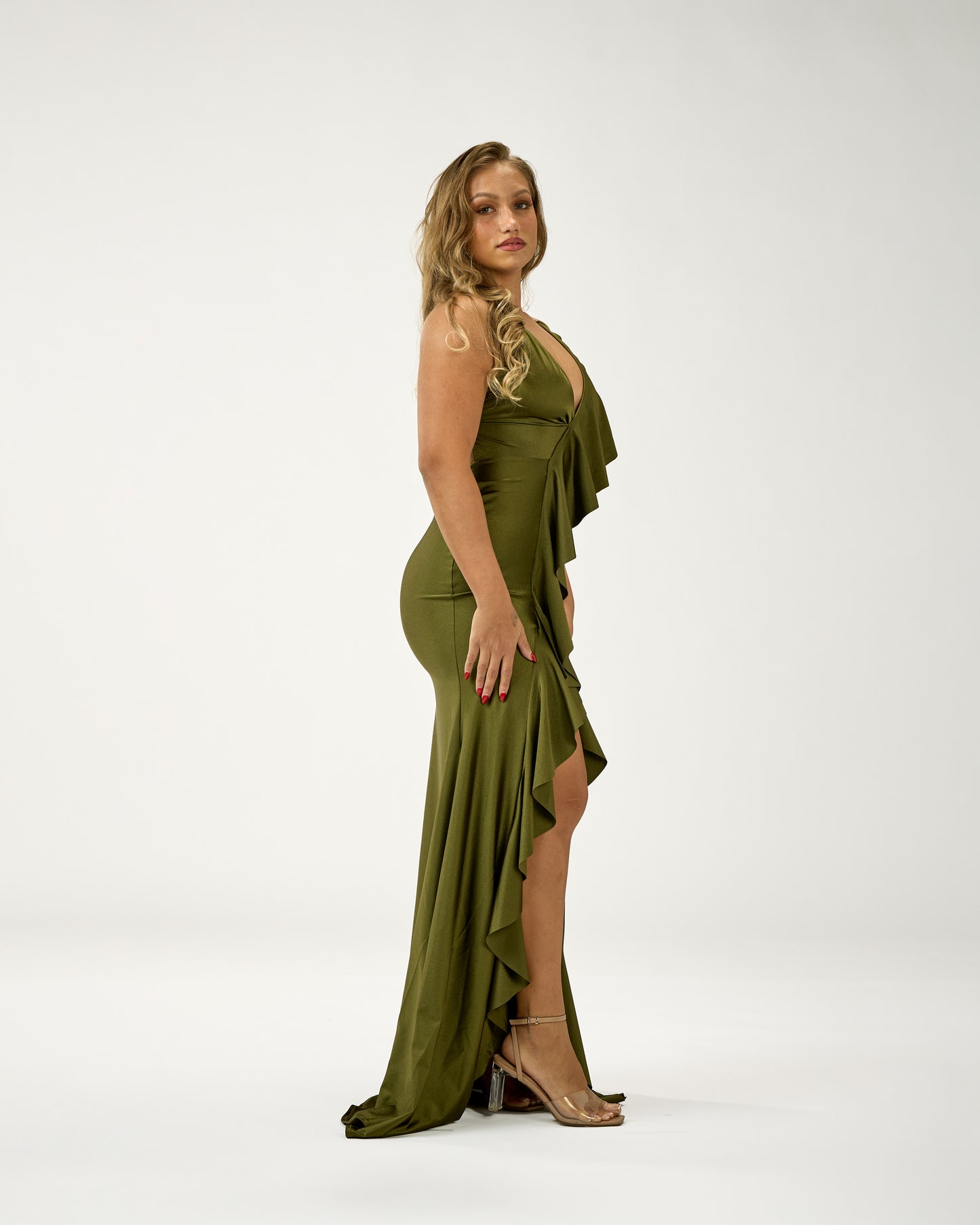 KINGSTON MAXI RUFFLES DRESS - OLIVE GREEN