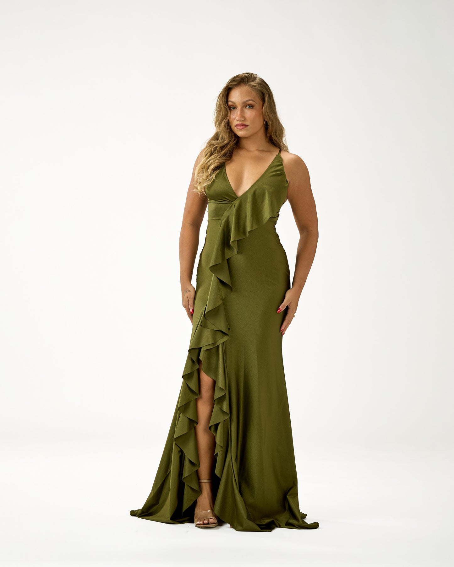 KINGSTON MAXI RUFFLES DRESS - OLIVE GREEN