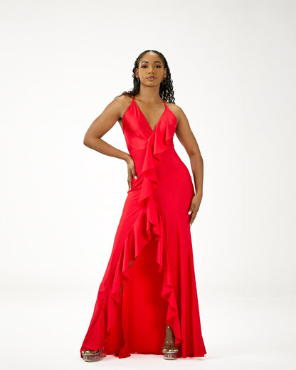 KINGSTON MAXI RUFFLES DRESS - TOMATO RED